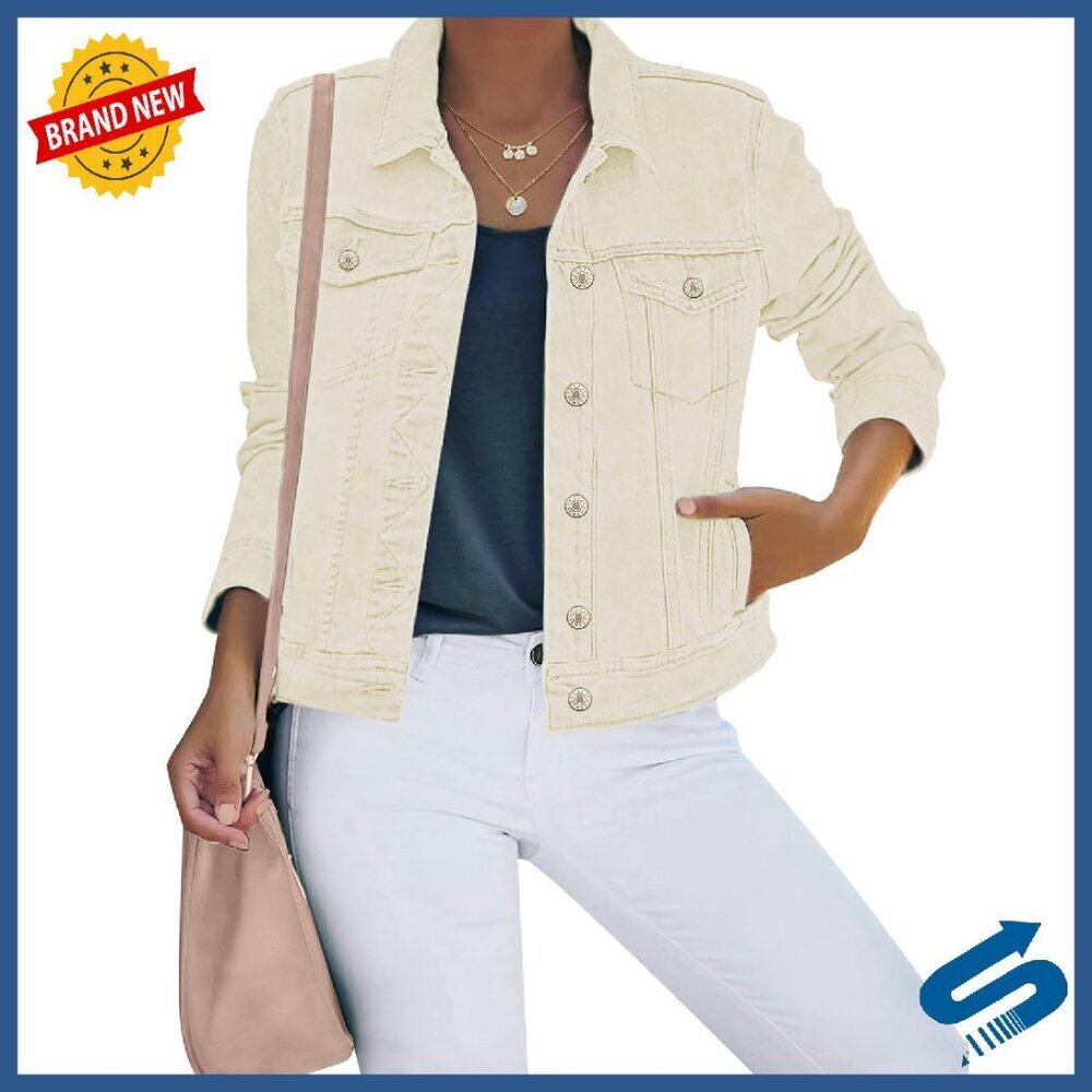 Stretch Cotton Denim Jacket Long Sleeve Button Down Relaxed Fit